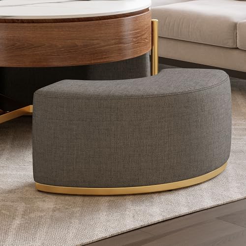 Lift Top Coffee Table with Storage, Round Center Table with Hidden Storage and 3 Upholstered Nesting Ottomans, Space-Saving Design, Brown+Grey