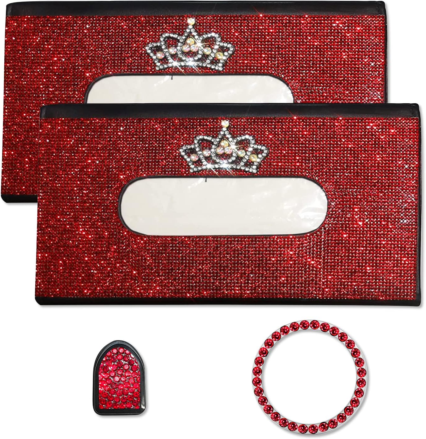 Lady Crystal Glitter Sparkly Car Visor Mask Holder Red Queen Crown Tissue Box Holder for Sun Visor Napkin Holder Paper Towel Cover Case with Bling
