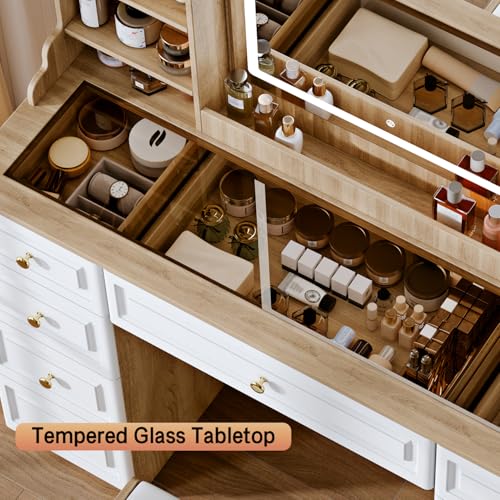 43" Makeup Vanity Desk with Mirror and Lights, & Power Outl, Glass Top Big Vanity Table with 9 Drawers& 8 Storage Shelves