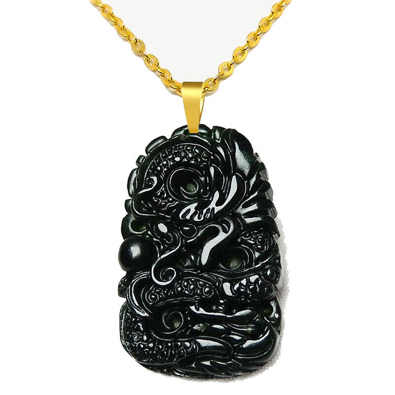 18K Gold Filled Over Silver Mens 24" Black-Green Jade Dragon Necklace D938