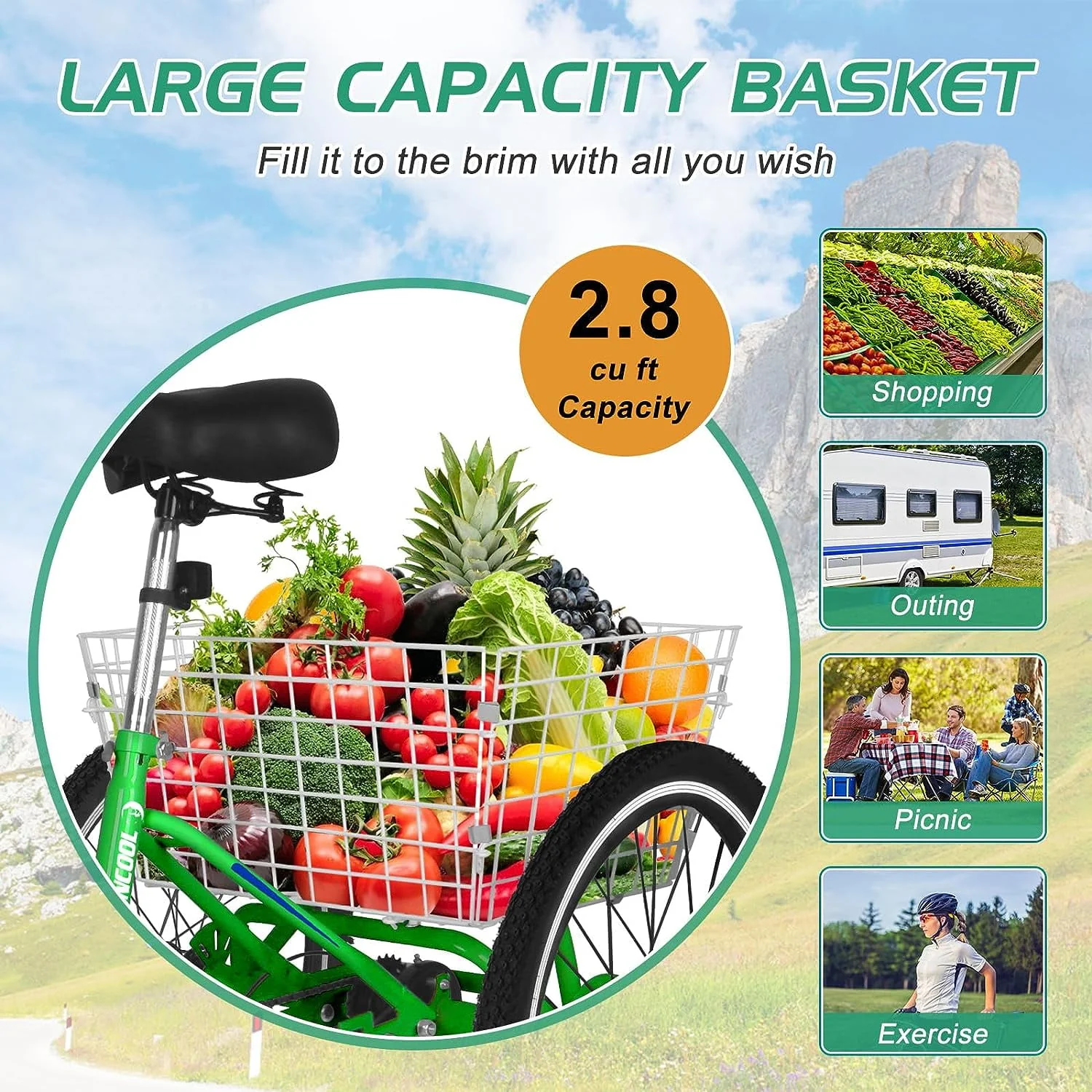 MOONCOOL Adult Folding Tricycle for Adults, 7 Speed 20/24/26 inch 3 Wheels Bikes with Basket, Foldable Tricycle for Adults, Women, Men, Seniors