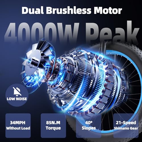 Electric Bike for Adults, 4000W Peak Power 26” Fat Tire Ebike, 34MPH AWD Dual Motor Electric Bicycles