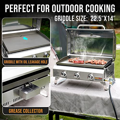 Portable Propane Gas Griddle 3-Burner with Foldable Cart & Side Table, Flat Top Gas Grill Griddle Stove with Lid