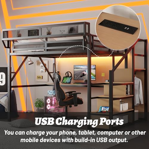Full Size Loft Bed with Desk and Stairs, Heavy-Duty Steel Loft Bed Frame with Wardrobe & LED Light