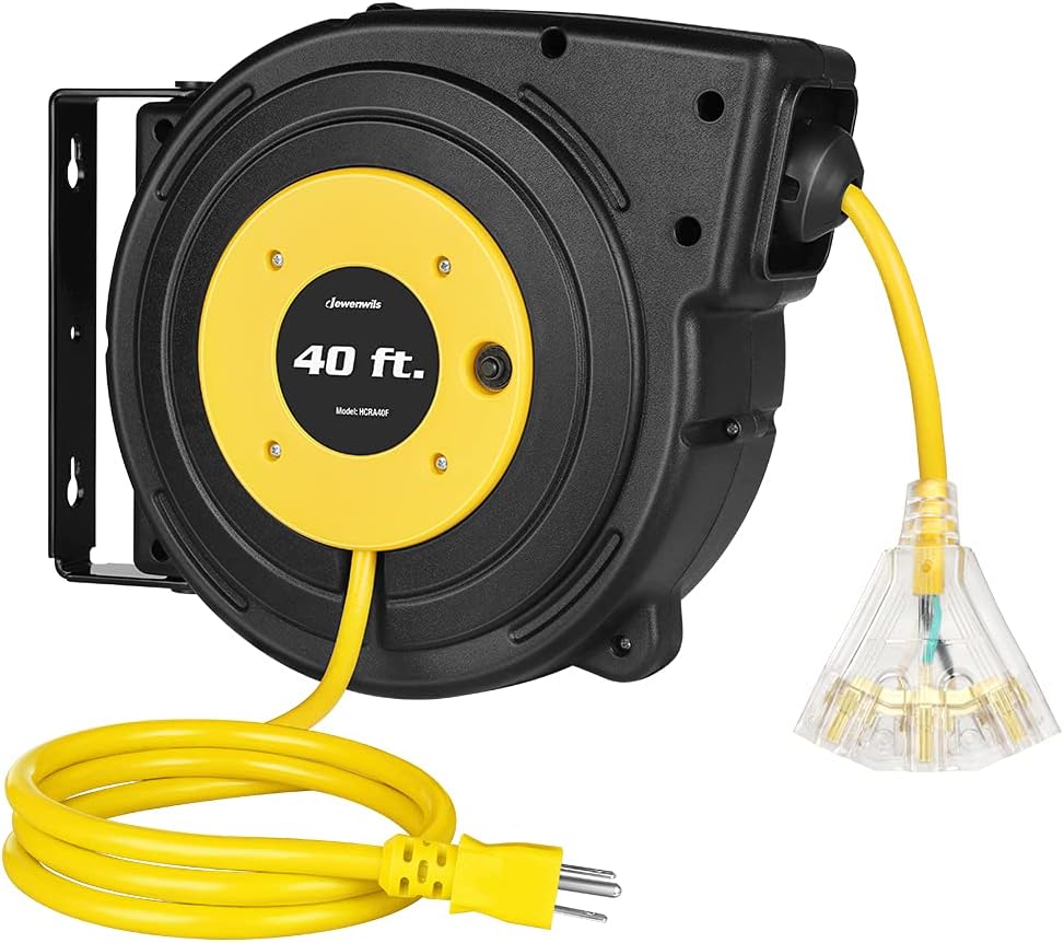 DEWENWILS 40FT Retractable Extension Cord Reel, Heavy Duty Power Cord Reel with 3-Lighted Triple Outlets, 12AWG/3C SJTOW Cord, 15A Circuit Breaker