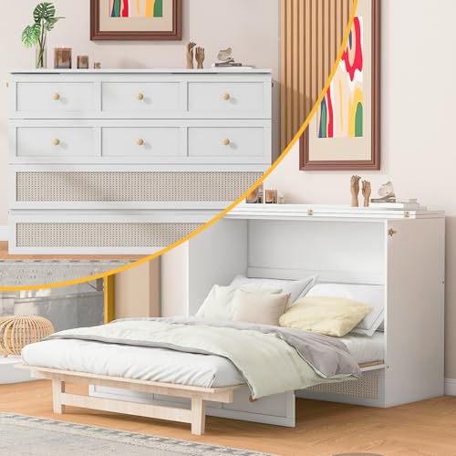 Full Size Murphy Bed,Multi-Functional Night & Day Furniture Murphy Cabinet Bed,with Large Drawers,Hidden Murphy Bed for Bedroom, Guest Room,White