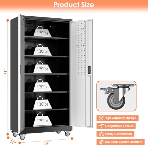 Aobabo 71" H×32" W×16" D Metal Storage Cabinet with Wheels, Garage Steel Storage Cabinet with 5 Adjustable Shelves and 4 Hooks for Home Office
