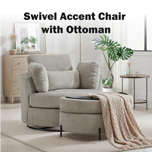 Chifee & Vingol 42.2" Oversized Swivel Accent Chair Round Barrel Chair,Chenille,Beige