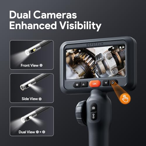 DEPSTECH Dual Lens Articulating Endoscope Camera with Lights,Two-Way Articulated Industrial Borescope, 4.5" Screen, 5FT Flexible Snake Scope