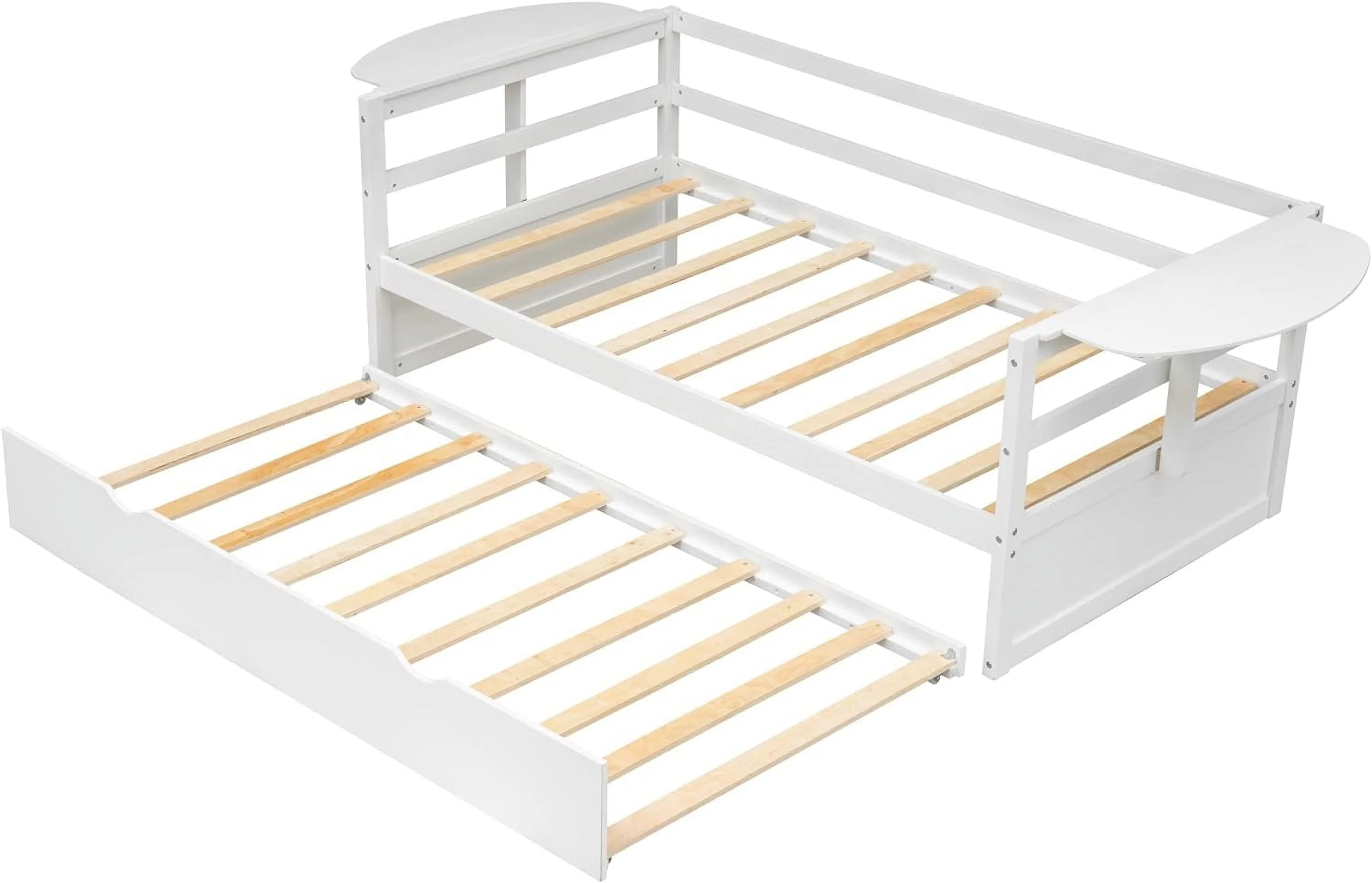 Size Daybed With Trundle, Solid Wood Daybed Frame With Foldable Shelves On Both Sides, For Kids Teens Guests. Bedroom Living Room Furniture (, White)