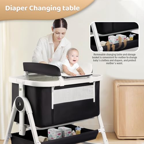4 in 1 Baby Bassinet, Bassinet Bedside Sleeper with Wheels and Storage Basket, Adjustable 7 Heights Bedside Sleeper with Changing Station