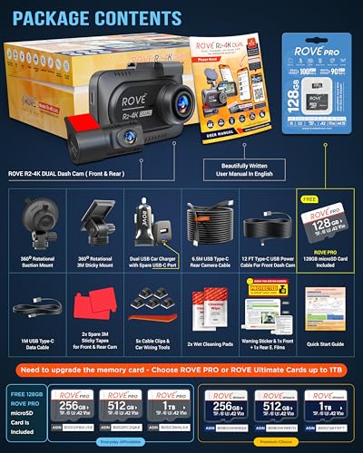 ROVE R2-4K DUAL Dash Cam Front and Rear, STARVIS 2 Sensor, FREE 128GB Card Included, 5G WiFi - up to 20MB/s Fastest Download Speed with App