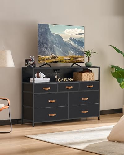 TV Stand Dresser for Bedroom with Charging Station & RGB LED Lights, 47.2" W Black Dresser with 7 Drawers for 55" TV, Chest Dresser for Bedroom