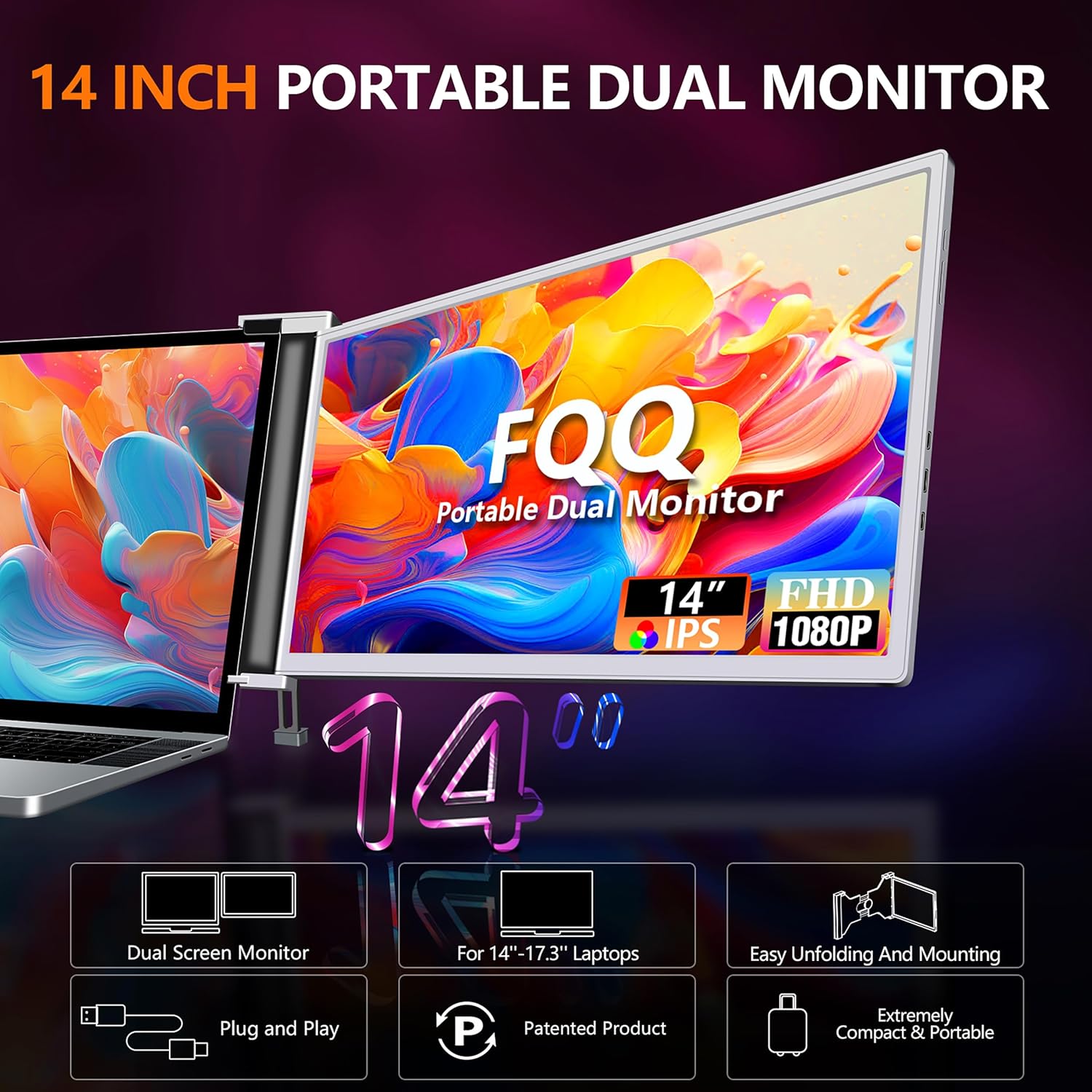 14” Dual Laptop Monitor Extender- FHD 1080P IPS Portable Screen Extender with USB-C & Mini HDMI Port, Plug & Play, Easy to Carry