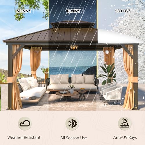 YOLENY 10' x 12' Hardtop Gazebo, Metal Gazebo with Aluminum Frame, Double Galvanized Steel Roof, Curtains and Netting Included