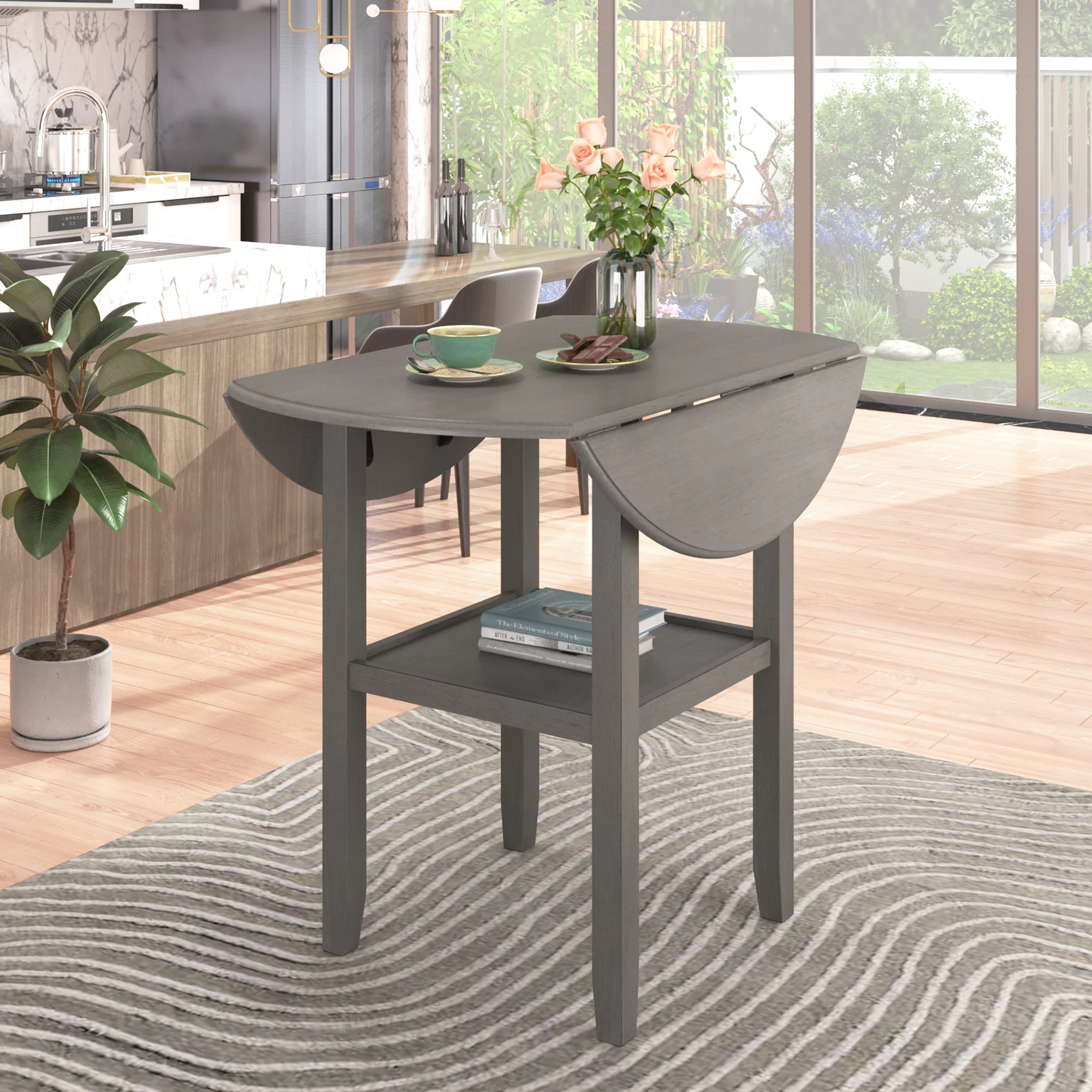 3 Piece Kitchen Nook Dining Table Set, Wooden Drop Leaf Table and 2 Dining Chairs, Counter Height Dining Set with Storage, Gray, D8315