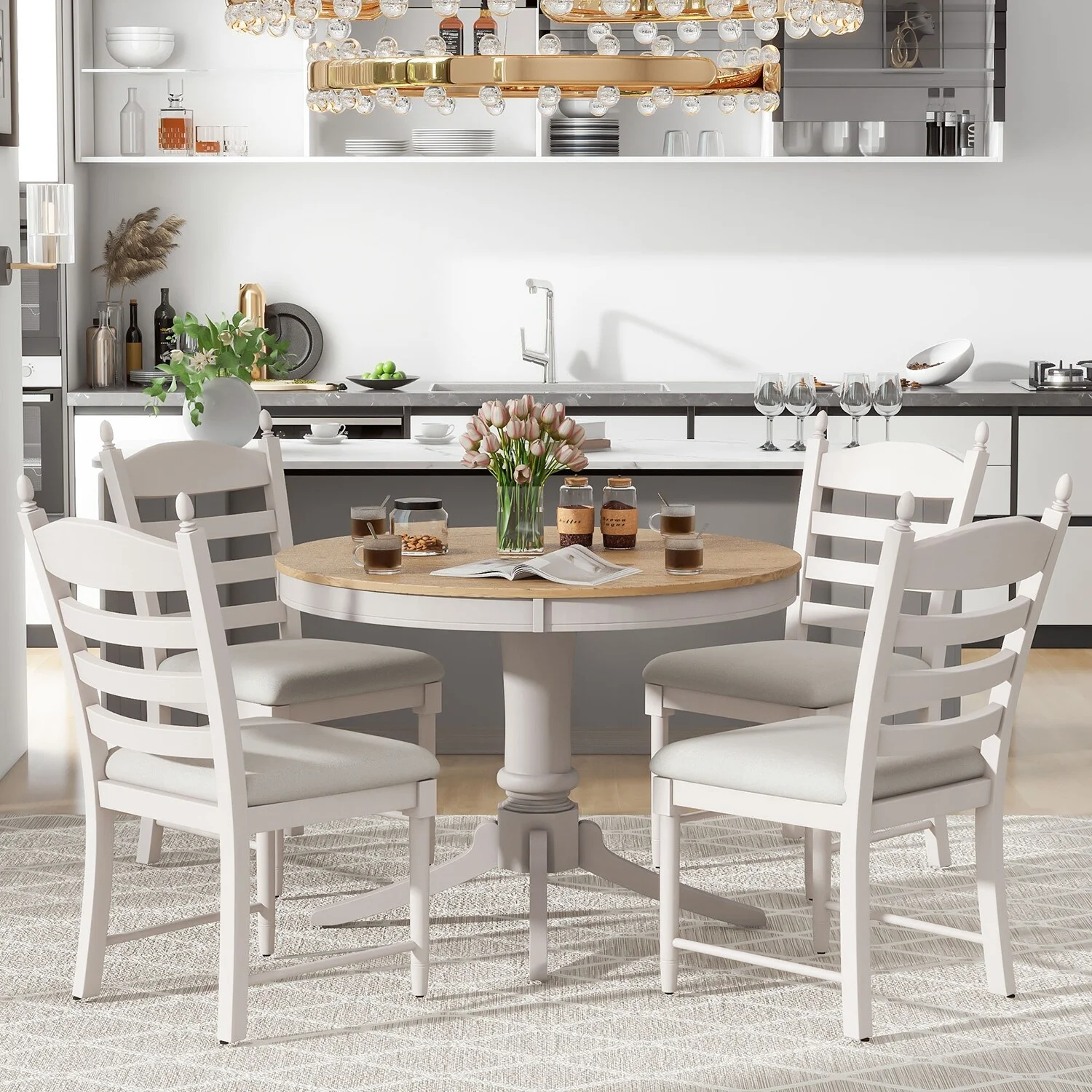 5-Piece Dining Table Set,Extendable Table and 4 Upholstered Chairs Natural+White