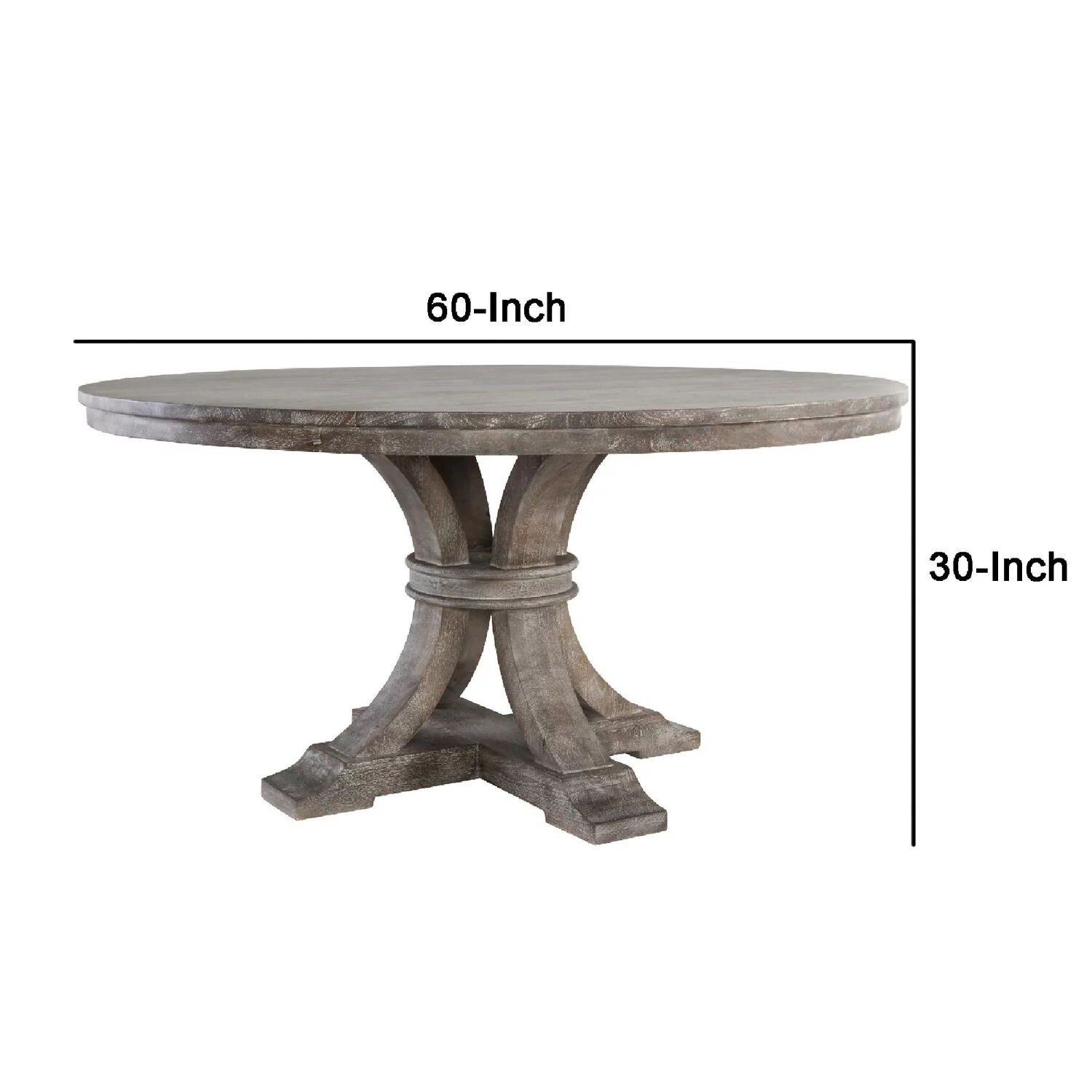 Benjara  60 in. Pedestal Handcrafted Classic Round Wood Dining Table - Gray & Brown