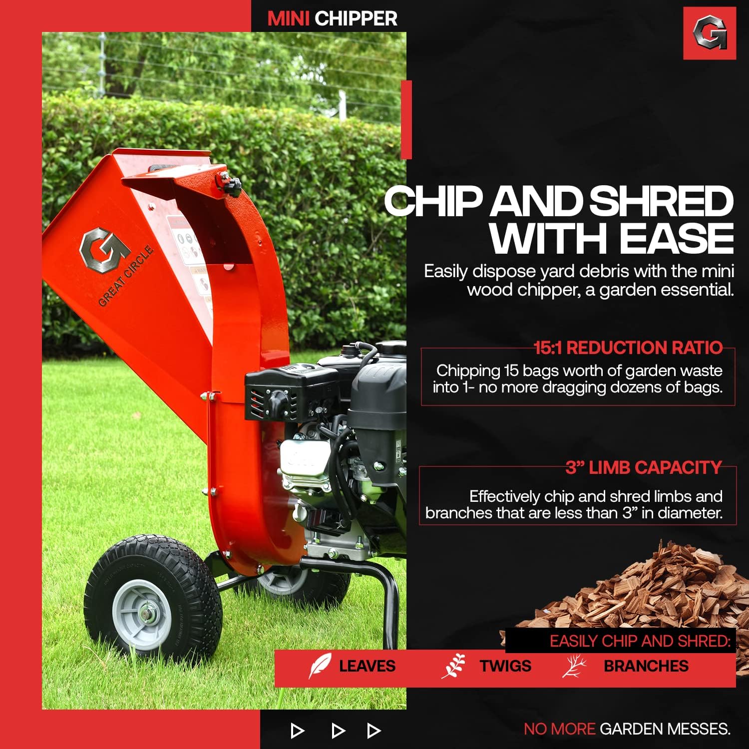 GreatCircleUSA Mini Wood Chipper Shredder Mulcher Ultra Duty 7 HP Gas Powered 3 Inch Max Wood Capacity EPA/CARB Certified Aids in Fire Prevention and