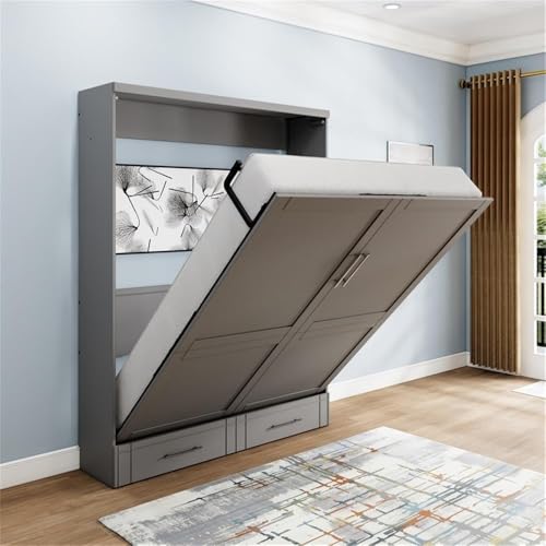 Queen Size Gray Murphy Wall Bed in Solid Wood, No Box Spring Needed, Easy Assembly