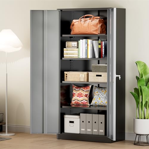 Greenvelly Metal Storage Cabinet, 72" Black Locking Storage Cabinets with Doors and 4 Shelves, Metal Cabinet for Garage Home Office, Classroom