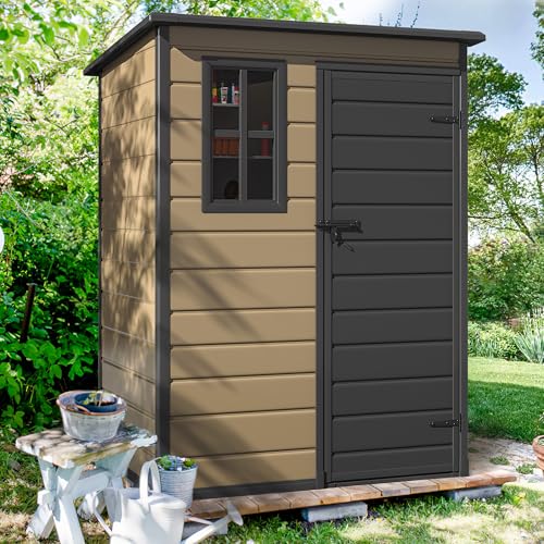 DWVO 5x3ft Resin Outdoor Storage Shed with Floor, Waterproof Lockable Storage Shed with Window, Plastic Outside Tool Storage for Garden, Backyard