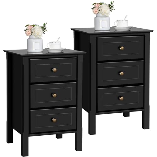 Yaheetech Bedside Table Set of 2, Nightstand with 3 Drawer and Solid Wood Legs, Accent Night Stand with Storage Cabinet for Bedroom Home Office