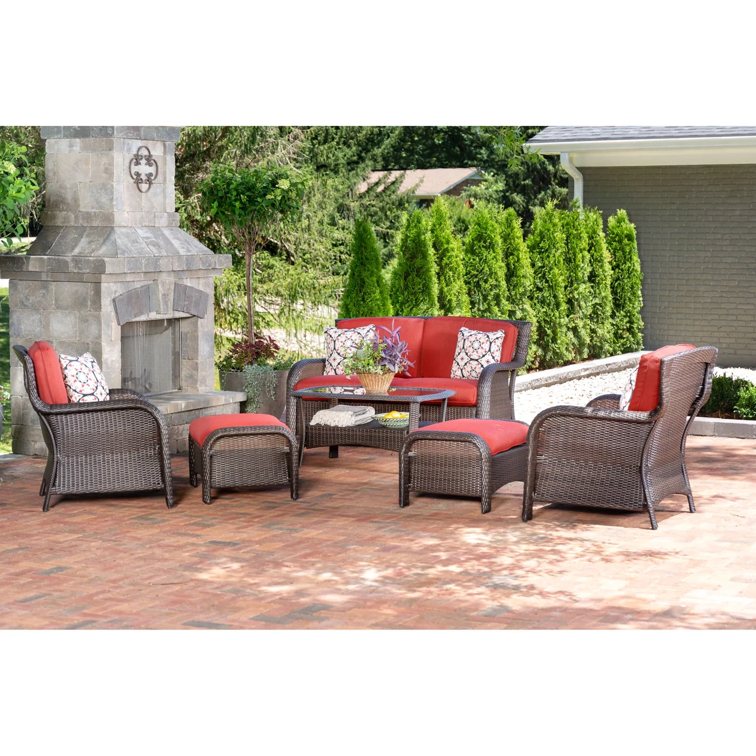 Hanover Strathmere 6-Piece Wicker Outdoor Conversation Set, Crimson Red
