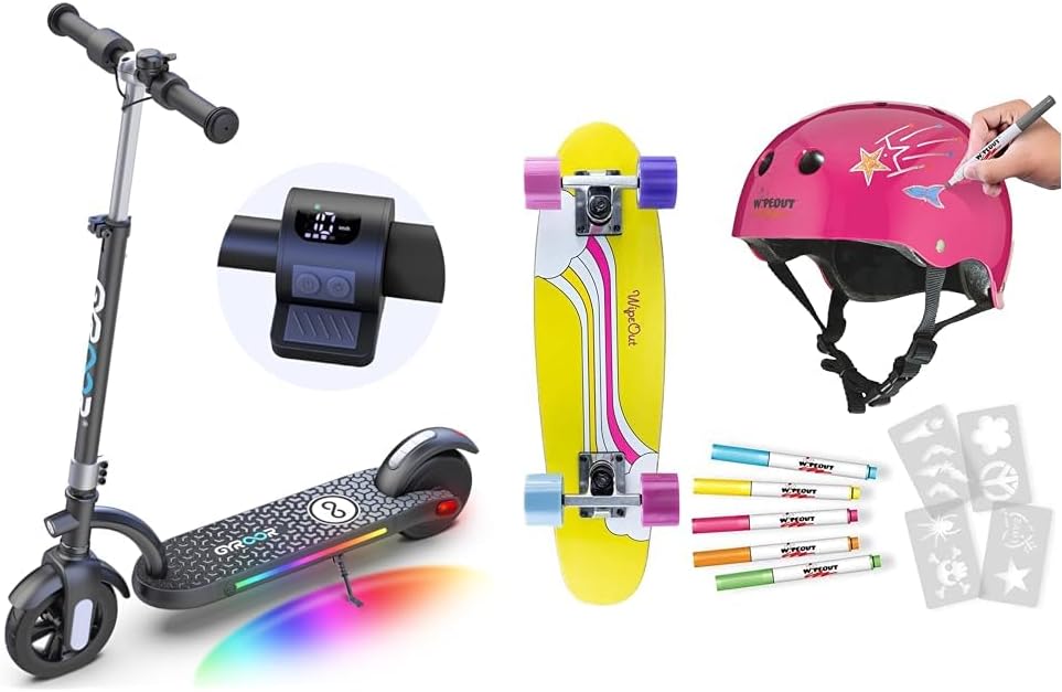 Gyroor Kids Electric Scooter with 180W Motor & LED Visible Display, Colorful Lights & Wipeout Dry Erase Kids Helmet for Bike, Skate, and Scooter
