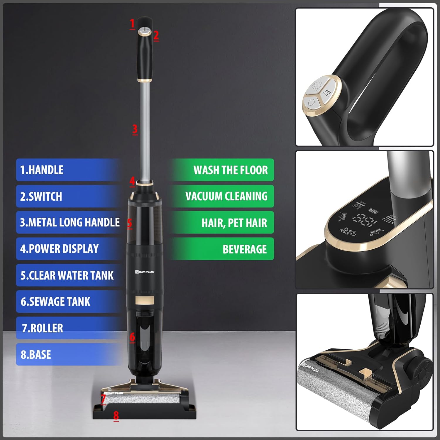 Cordless Stick Vacuum with 2 Modes Power Suction, Wet Dry Vacuum Cleaner for Hard Floor, Multi-Purpose Vacuum Self Cleaning System and Dual Tank