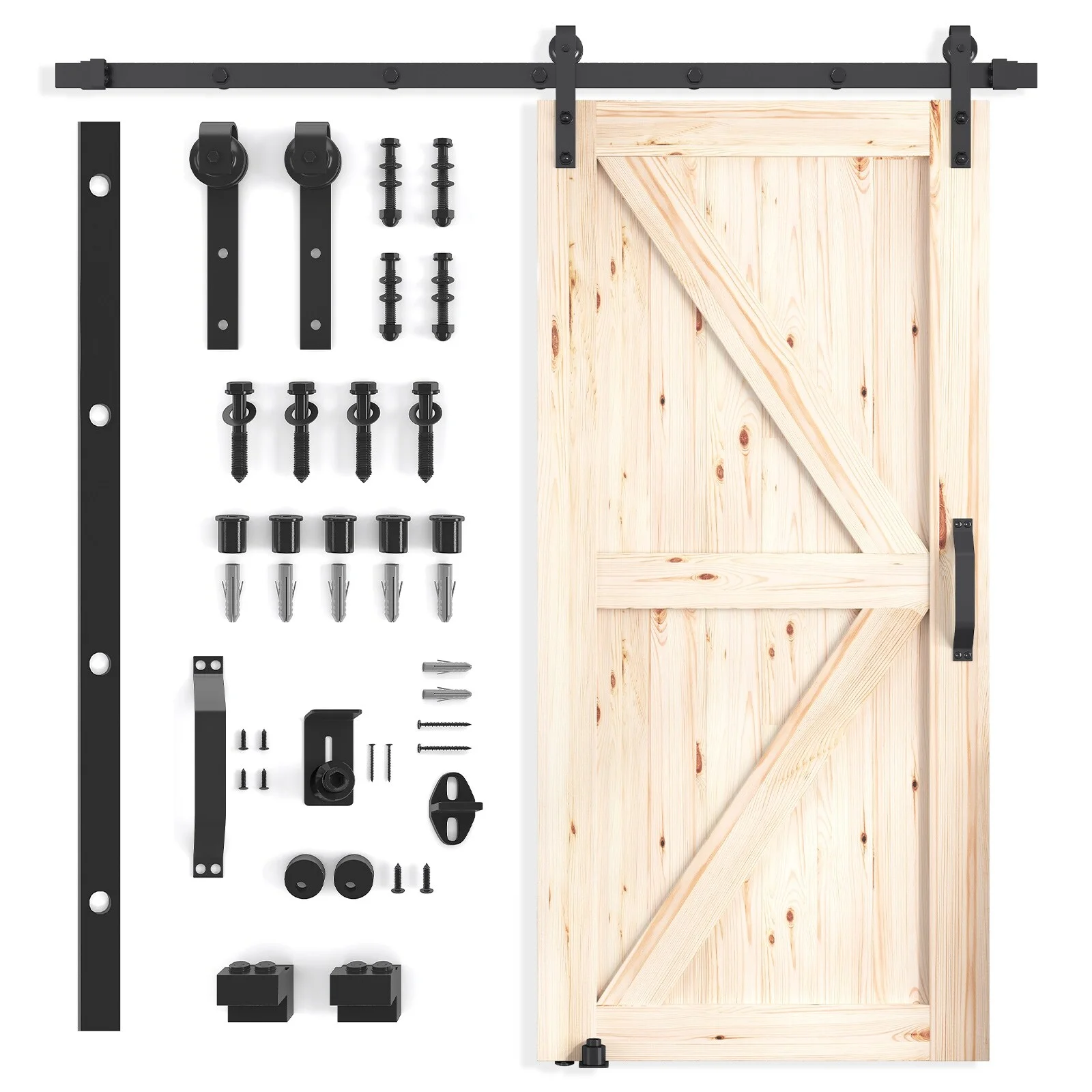 Mixoy K-Frame Sliding Barn Door with 6.6ft Barn Door Hardware Kit & Handle,DIY Unfinished Solid Spruce Wood Panelled Slab 36in x 84in - Natural