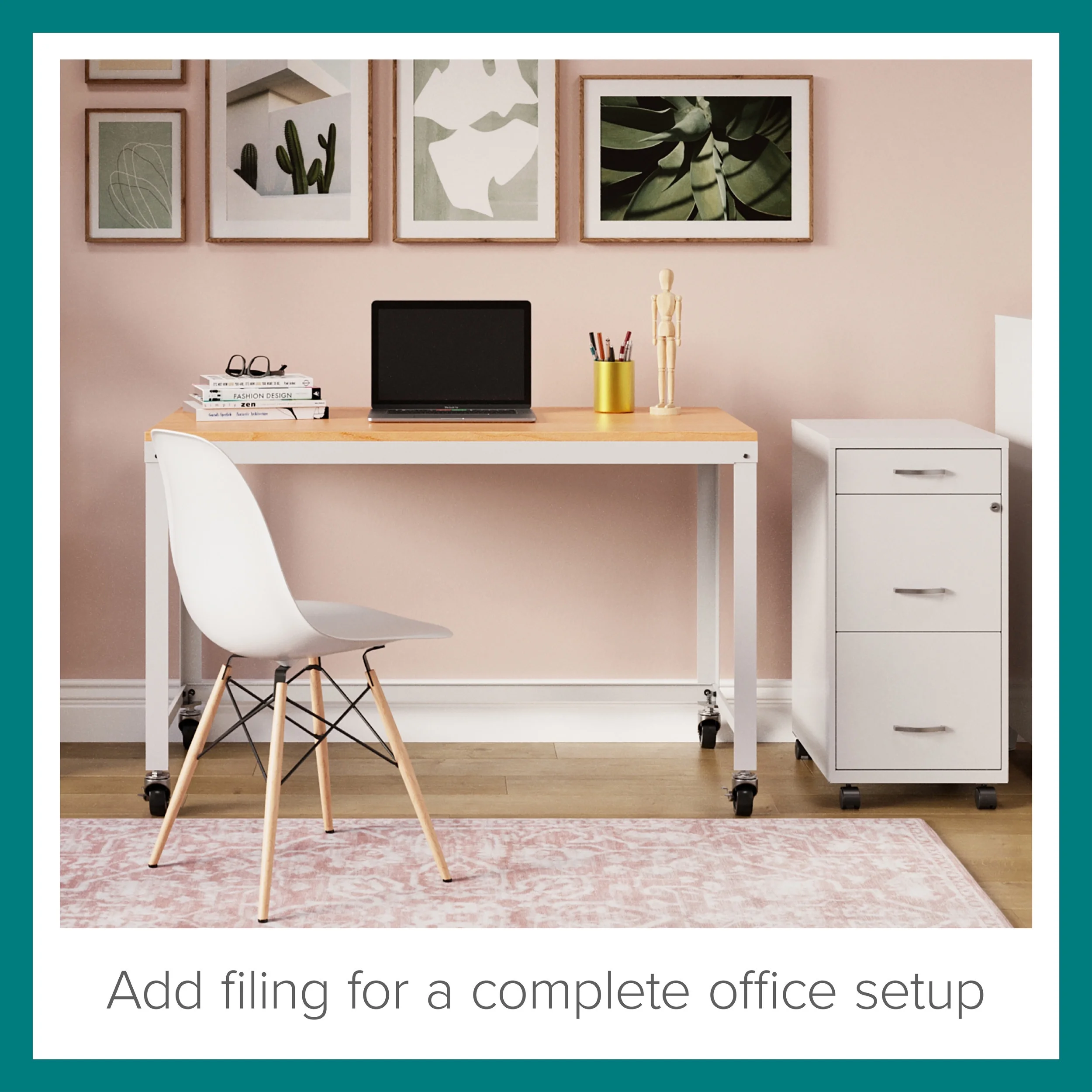 Space Solutions Ready-to-assemble 48-inch Wide Mobile Metal Desk with Laminate Top, White/Maple - Radiant Selections