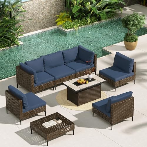 Grand patio 7-Piece Wicker Patio Furniture Set, Boho Outdoor Conversation Set Sectional Sofa with Water Resistant Thick Cushions and Coffee Table