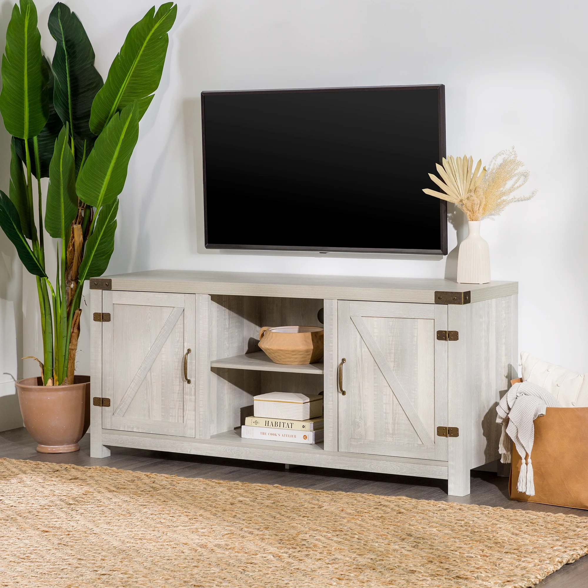 Walker Edison Modern Farmhouse Barn Door TV Stand for TVs up to 65, Grey Wash