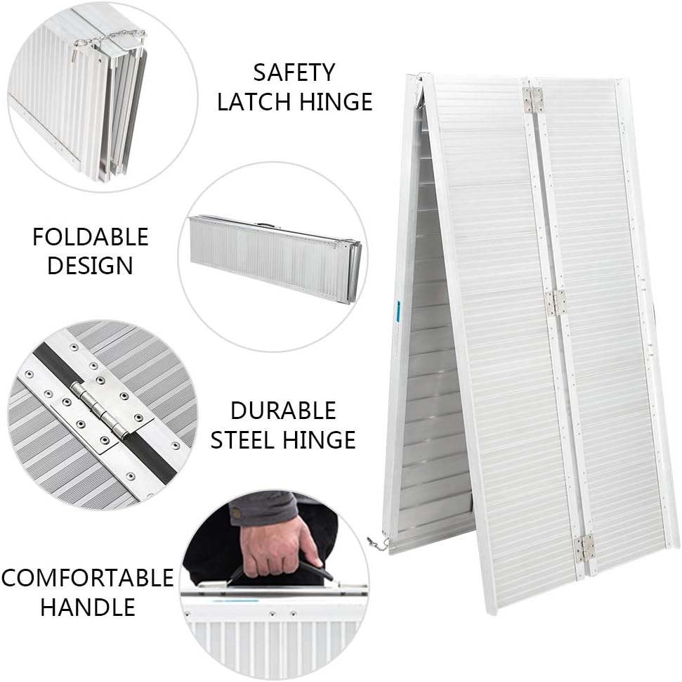 OMECAL 4' Wheelchair Ramp Threshold Portable Ramps 4ft for Home Steps Doorway Stairs Aluminum Handicap Metal House Mobile Porch Temporary Multifold