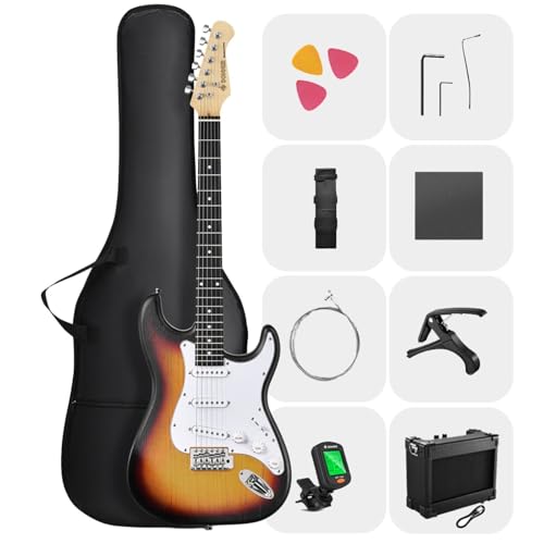 DONNER DST-80 Electric Guitar 39” Beginner Electric Guitar Kit with Amp, Classic SSS Pickup Complete with Gig Bag, Tuner, Capo, Strap, Picks