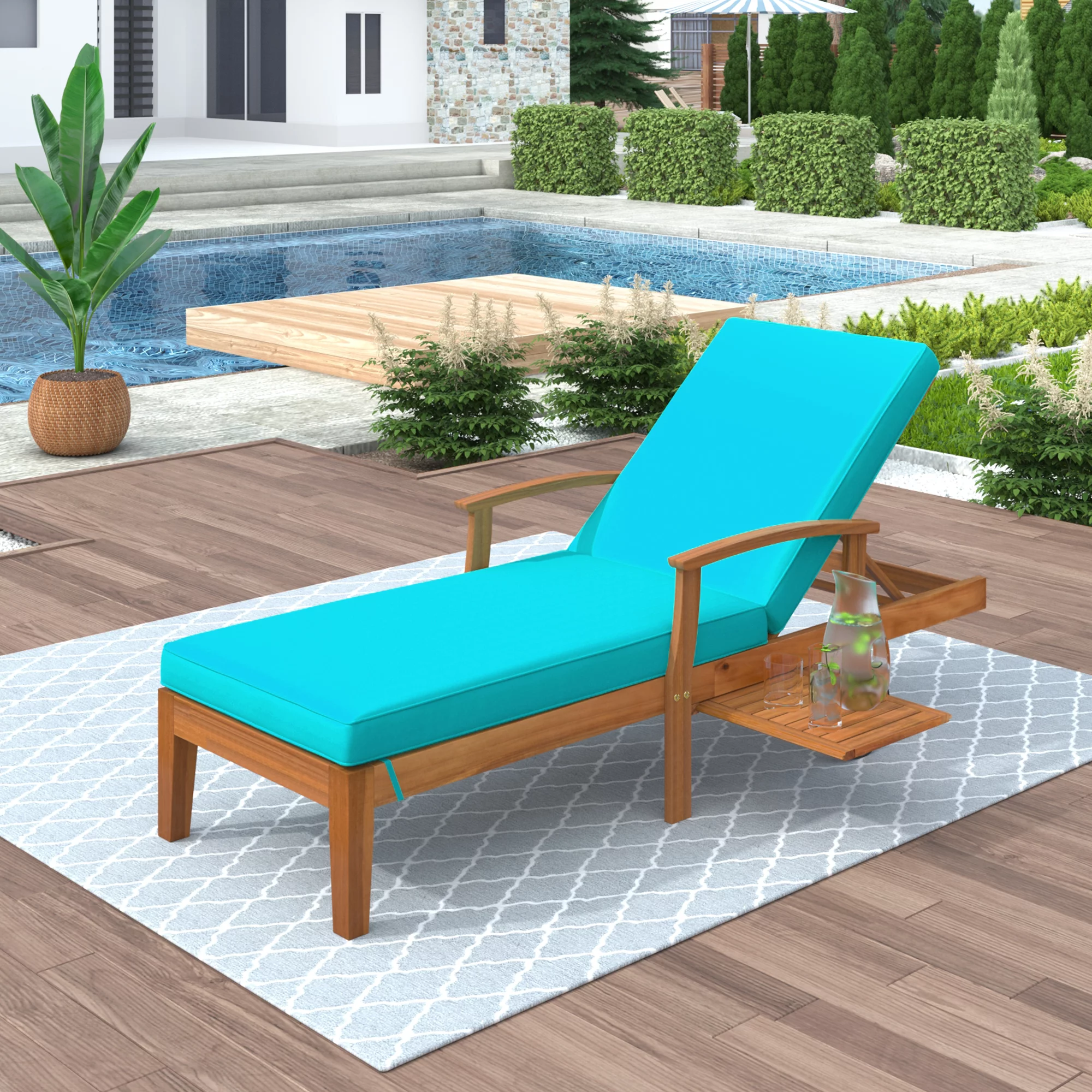 LYPER Outdoor Solid Wood 78.8" Chaise Lounge Patio Reclining Daybed with Cushion, Wheels and Sliding Cup Table for Backyard, Garden, Poolside