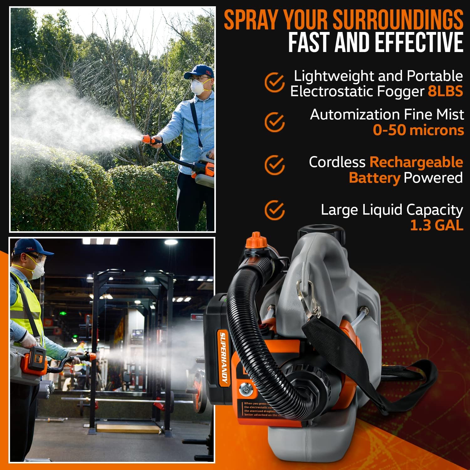 SuperHandy Electrostatic/ULV Fogger Sprayer, Side Carry LITE, 1.3Gal 5L, 48V Battery, for Lawn & Garden, Hydroponics, Disinfectant