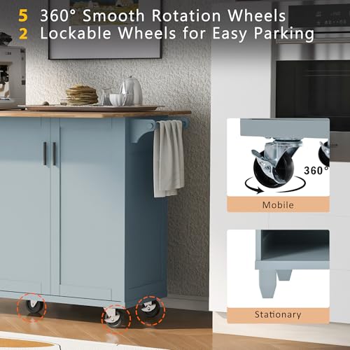 55.7'' Large Kitchen Island with 2 Drop Leaf, Rolling Kitchen Cart on 5 Wheels with Power Outlet