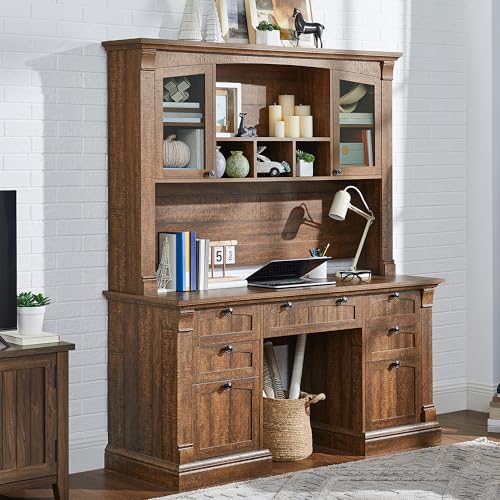 OKD 60" Executive Desk with Drawers, Farmhouse Home Office Desk with Charging Station, Keyboard Tray, File Cabinet Storage