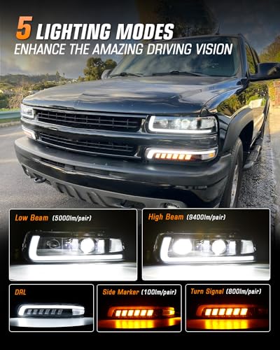 LED Headlights Assembly Headlamps Replacement for 1999-2002 Chevy Silverado 2000-2006 Suburban 00-06 Tahoe Sequential Turn Signal Hi/Low Beam DRL