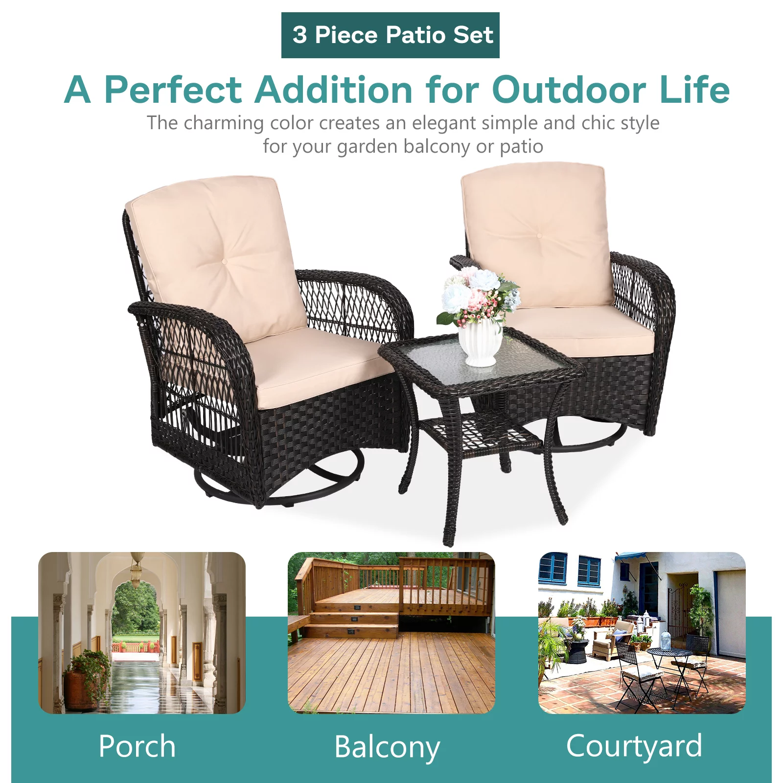 MEETWARM 3 Pieces Outdoor Wicker Swivel Rocker Patio Set