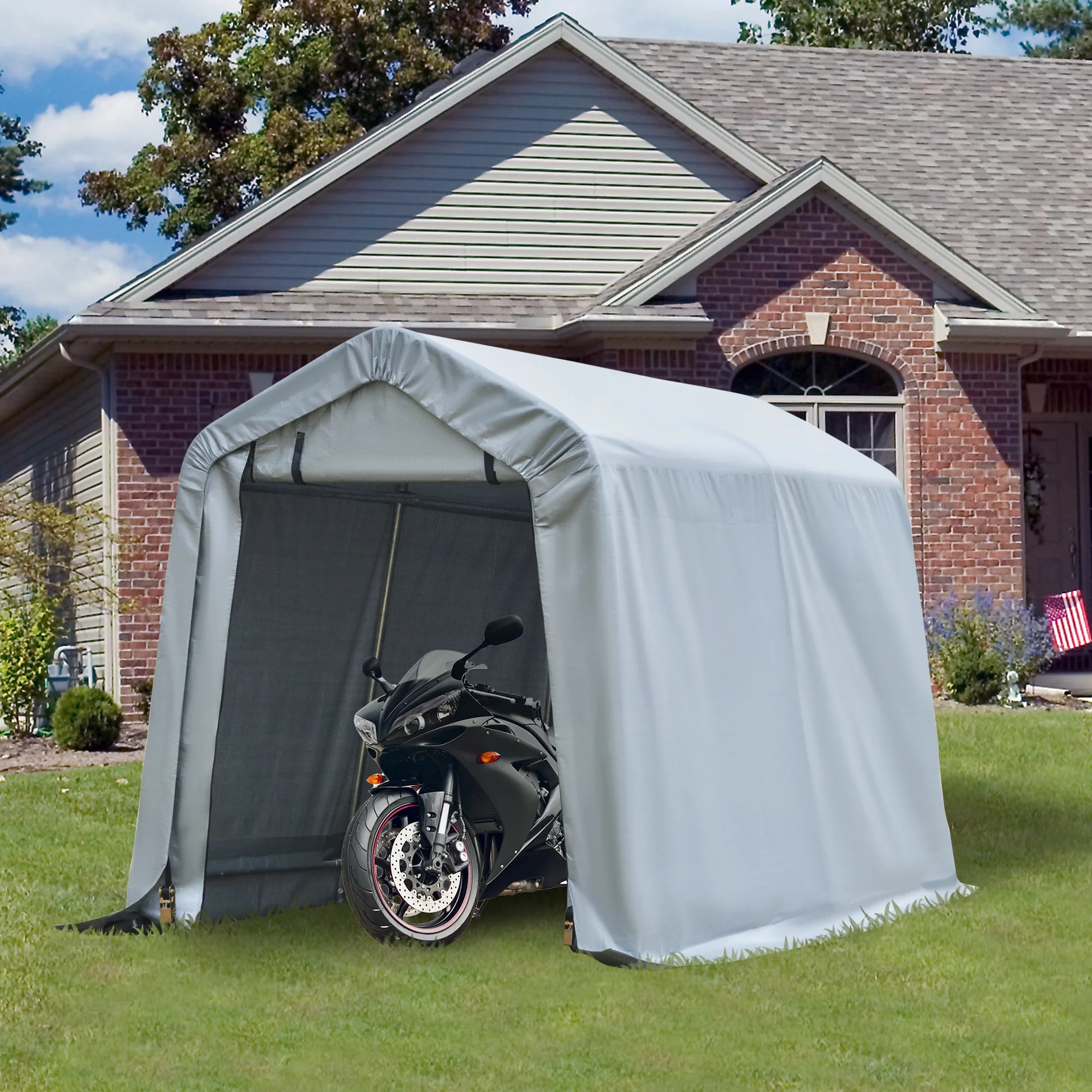 Outsunny 6' x 8' Carport Portable Garage, Heavy Duty Storage Tent, Patio Storage Shelter w/ Anti-UV PE Cover and Double Zipper Doors