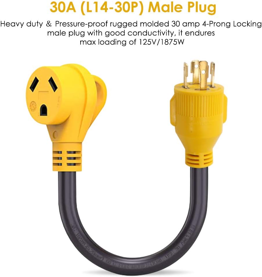 OPL5 30Amp Male 4Prong Locking Male Plug to 30 Amp Female 12 Inch RV Generator Adapter Heavy Duty RV Adapter Power Cord with Grip Handle for RV
