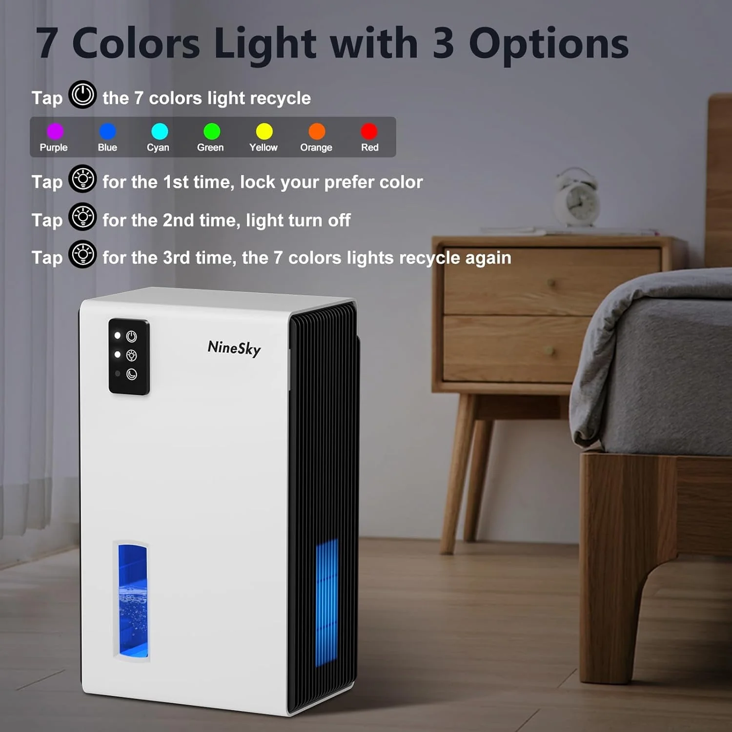 NineSky Dehumidifier for Home, 85 OZ Water Tank, (800 sq.ft) Dehumidifiers for Bathroom Bedroom with Auto Shut Off,7 Colors LED Light(White)