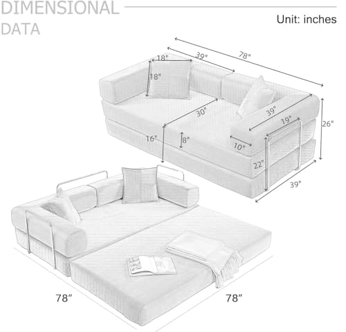 4-in-1 Folding Convertible Sofa Bed, 78 Inch Boneless Couch with Fixed-Shape Frame, Corduroy Loveseat Sleeper with Pull Out Bed