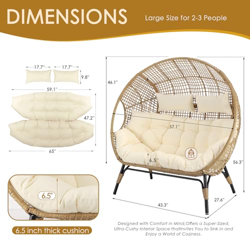 NICESOUL® Double Egg Chair Indoor Outdoor Stationary Oversized Thicken Padded Cushions, 2 Person Egg Loveseat Chair