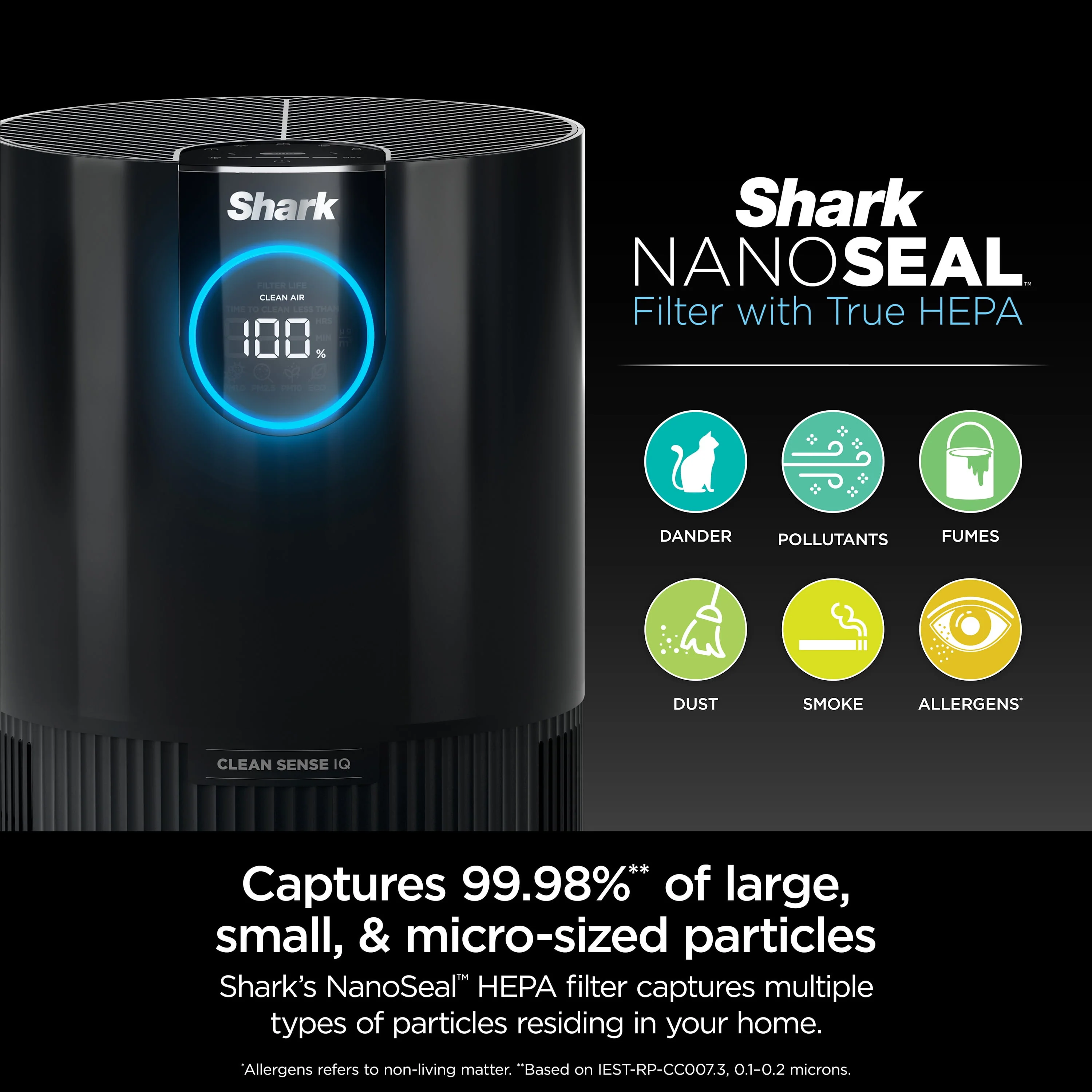 Shark Air Purifier with Nanoseal HEPA, Cleansense IQ, Odor Lock, Cleans up to 500 Sq. Ft, Charcoal Grey, HP100