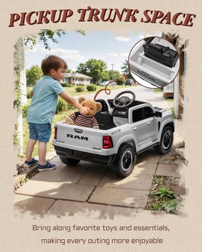 12V Licensed Ram 1500 Ride on Toy for Kids, Toddler Ride on Pickup Truck with Parent Remote Control, Electric Car for Kids with Truck Bed Storage