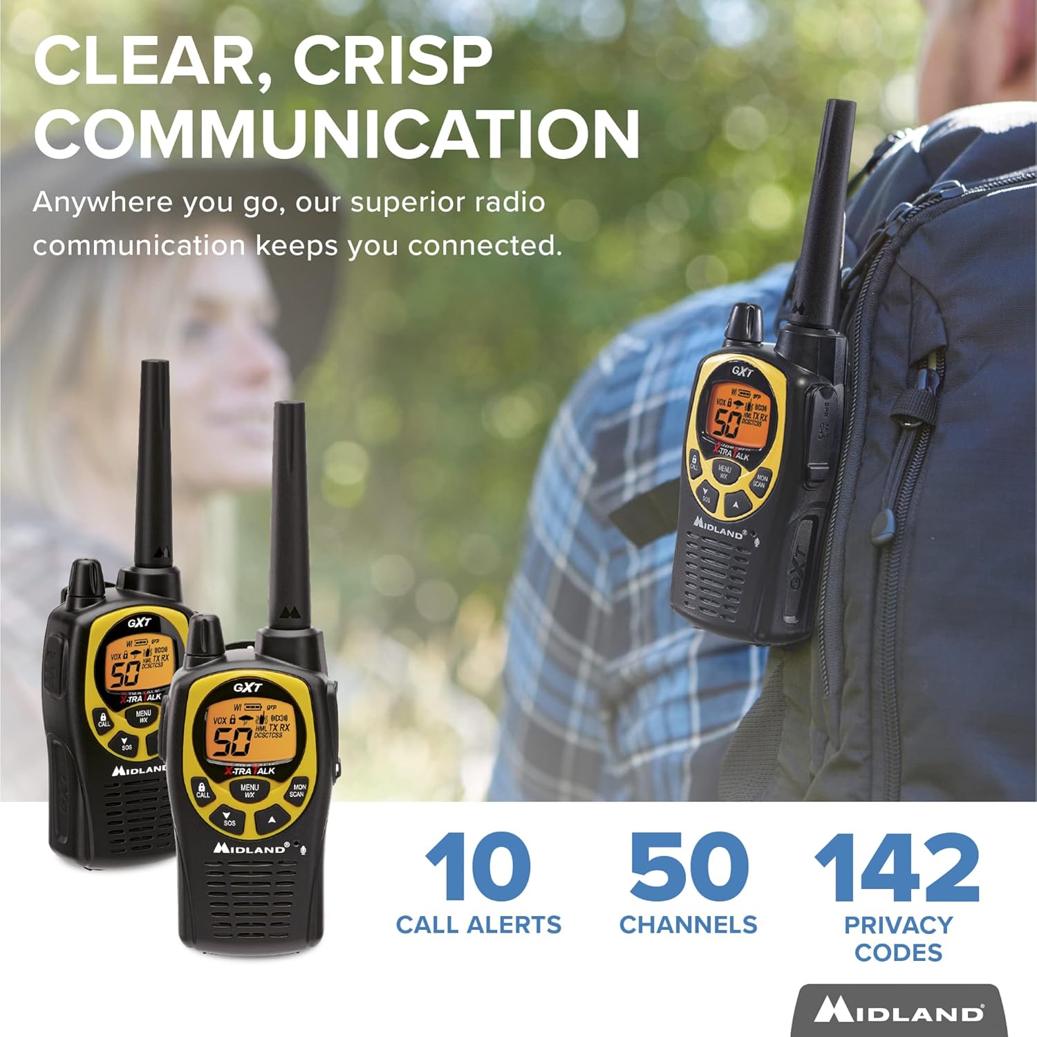 Midland 50 Channel Waterproof GMRS Two-Way Radio - Long Range Walkie Talkie with 142 Privacy Codes, SOS Siren